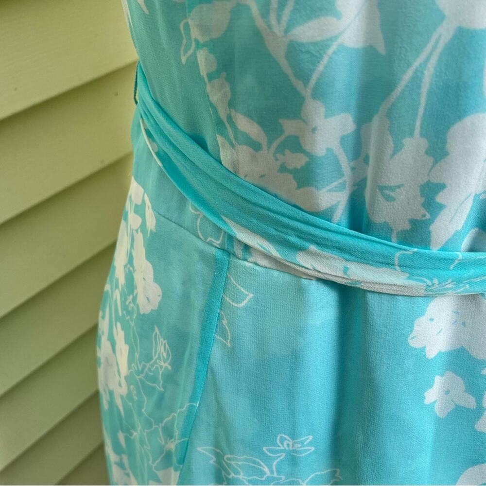 ICE Blue Silk Floral Wrap Dress Pearls Romantic Vintage Y2K Tie Women's Small - Picture 5 of 10